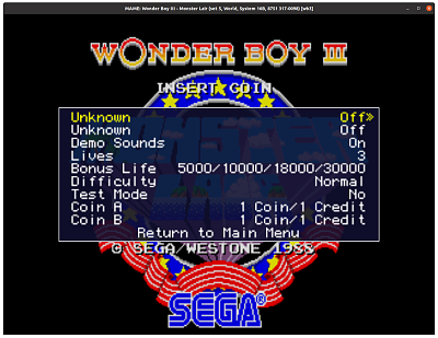 Wonder Boy III - Monster Lair (set 5, World, System 16B, 8751 317-0098) (wb3) default settings, MAME 0.108