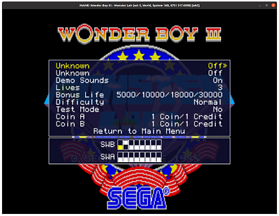 Wonder Boy III - Monster Lair (set 5, World, System 16B, 8751 317-0098) (wb3) default settings, MAME 0.113