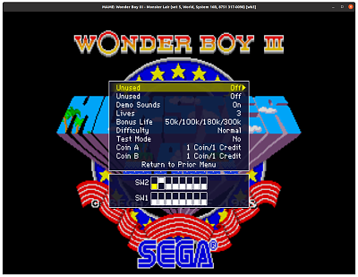 Wonder Boy III - Monster Lair (set 5, World, System 16B, 8751 317-0098) (wb3) default settings, MAME 0.123