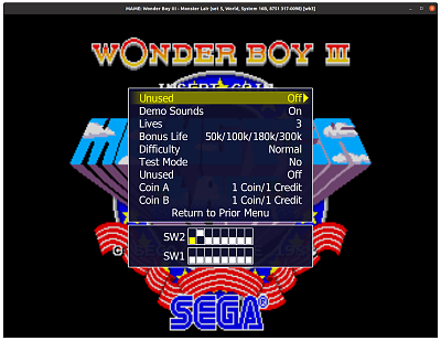 Wonder Boy III - Monster Lair (set 5, World, System 16B, 8751 317-0098) (wb3) default settings, MAME 0.144
