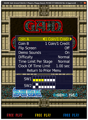 Gain Ground (World, 3 Players, Floppy Based, FD1094 317-0058-03d Rev A) (gground) default settings, MAME 0.144