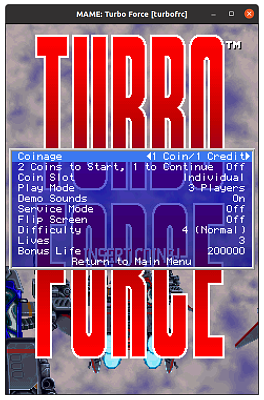 Turbo Force (turbofrc) default settings, MAME 0.106