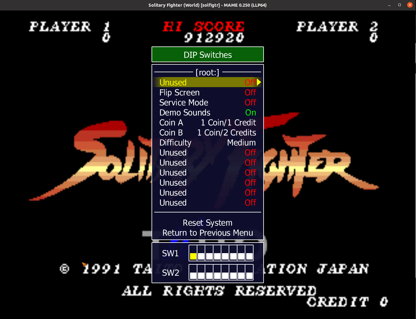 Solitary Fighter (World) (solfigtr) default settings, MAME 0.250