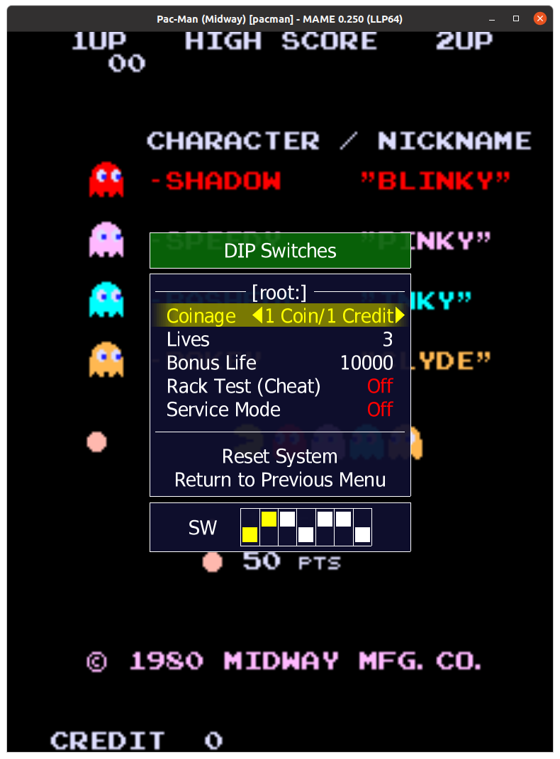 Pac-Man (Midway) (pacman) default DIP settings, MAME 0.250