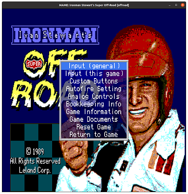 Ironman Stewart's Super Off-Road (offroad), no DIP switches, MAME 0.106