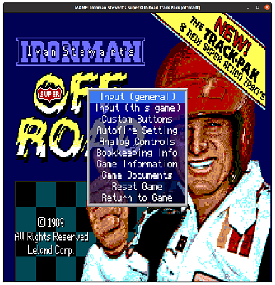 Ironman Stewart's Super Off-Road Track Pack (offroadt), default Game Set-Up, MAME 0.106