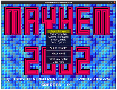 Mayhem 2002 (mayhem), no DIP switches, MAME 0.250