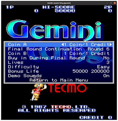 Gemini Wings (gemini) default settings, MAME 0.106