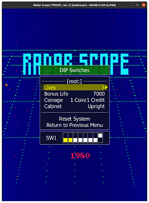 Radar Scope (TRS02?, rev. C) (radarscpc) default settings, MAME 0.250