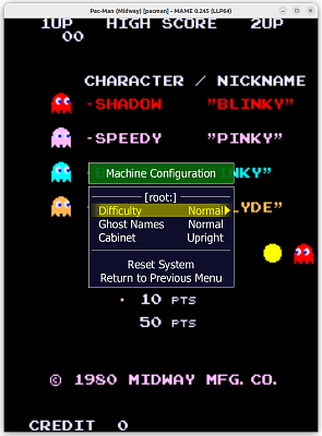 Pac-Man (Midway) (pacman) default Machine Configuration settings, MAME 0.245