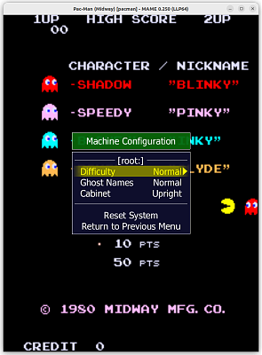 Pac-Man (Midway) (pacman) default Machine Configuration settings, MAME 0.250