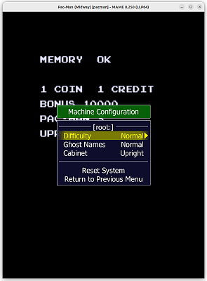 Pac-Man (Midway) (pacman) default Machine Configuration settings, internal display, MAME 0.250