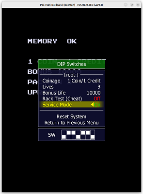 Pac-Man (Midway) (pacman) default DIP settings, internal display, MAME 0.250